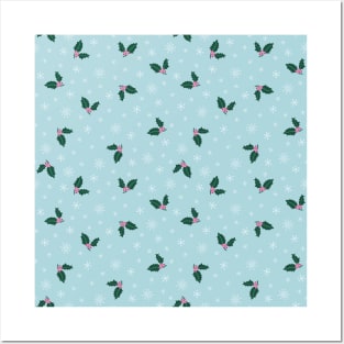 Christmas pattern with holly berry and snowflakes Posters and Art